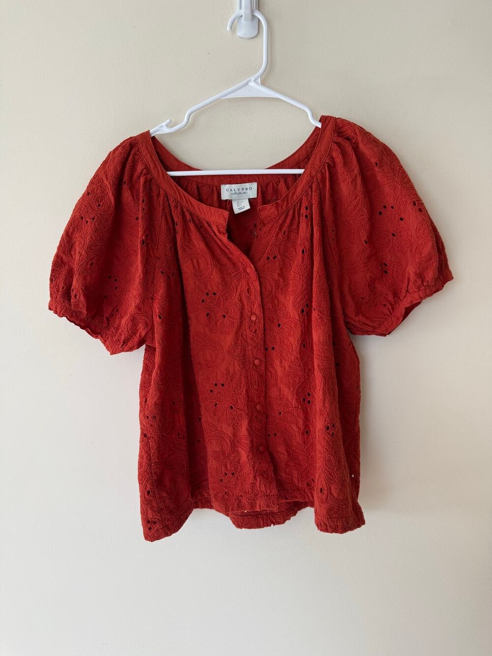 Calypso St. Barth Blouse Top Womens Large Orange Eyelet Puff Sleeve Button Front